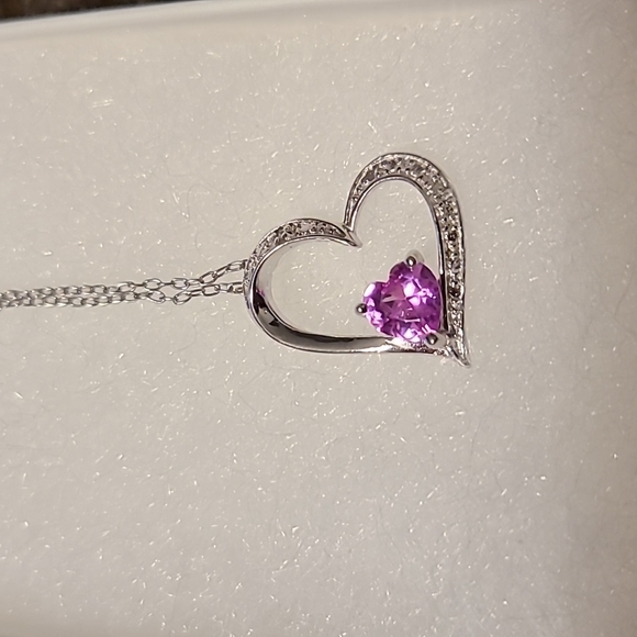 STERLING SILVER GENUINE DIAMOND LAB CREATED PINK SAPPHIRE PENDANT 18" - Picture 3 of 8